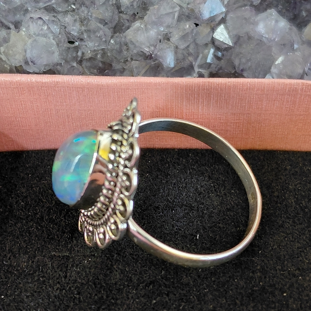Elegant Ethiopian Opal Silver Ring Size 11 - Picture 2 of 15